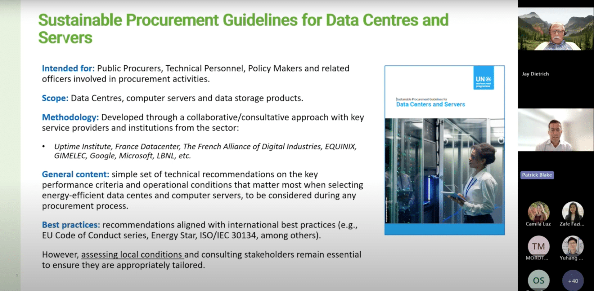 Slide titled Sustainable Procurement Guidelines for Data Centres and Servers lists scope, methodology, partners, key points, and includes a small image of a report cover with a server room photo and a UN logo.