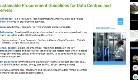 Slide titled Sustainable Procurement Guidelines for Data Centres and Servers with bullet points on procurement, recommendations, and an image of a blue guideline booklet on the right. Logos are visible at the bottom right.