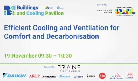 Event slide with logos and text: Efficient Cooling and Ventilation for Comfort and Decarbonisation, scheduled for 19 November, 09:30–10:30. Supported by government and industry sponsors.