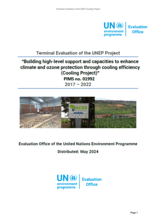 Cover page of a UN report titled Terminal Evaluation of the UNEP Project with photos of a greenhouse, a project sign, and a covered market, issued by the UN Environment Programme, May 2024.