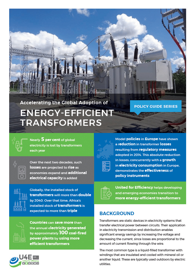 Large electrical transformers at a substation with power lines overhead. The infographic highlights the benefits and statistics of energy-efficient transformers, focusing on energy savings, economic benefits, and reduced losses.