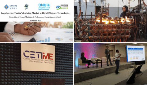 A collage showing a lighting market presentation, a woman working with glass bulbs, a CETIM sign, and a conference with people discussing energy efficiency technologies in Tunisia.