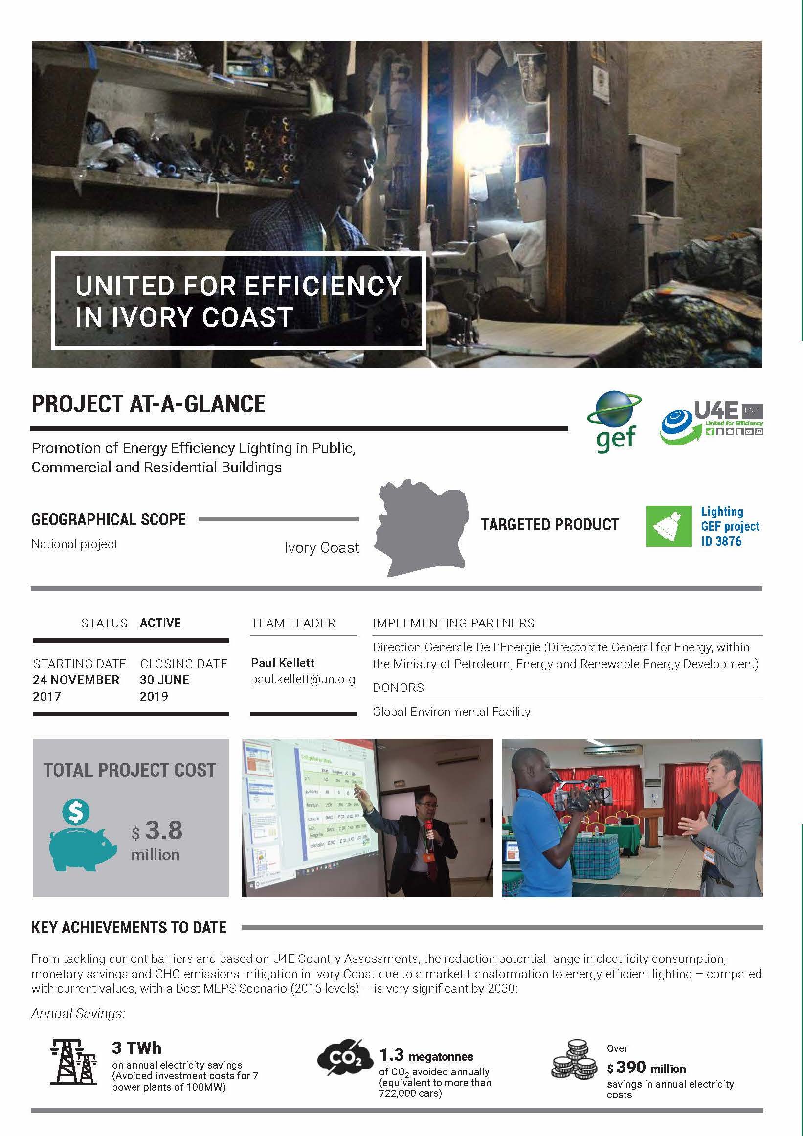 A project flyer details energy-efficient lighting in Ivory Coast, featuring stats, key achievements, and logos. A photo shows a man working with lights in a workshop. Textboxes highlight funding info and environmental impacts.