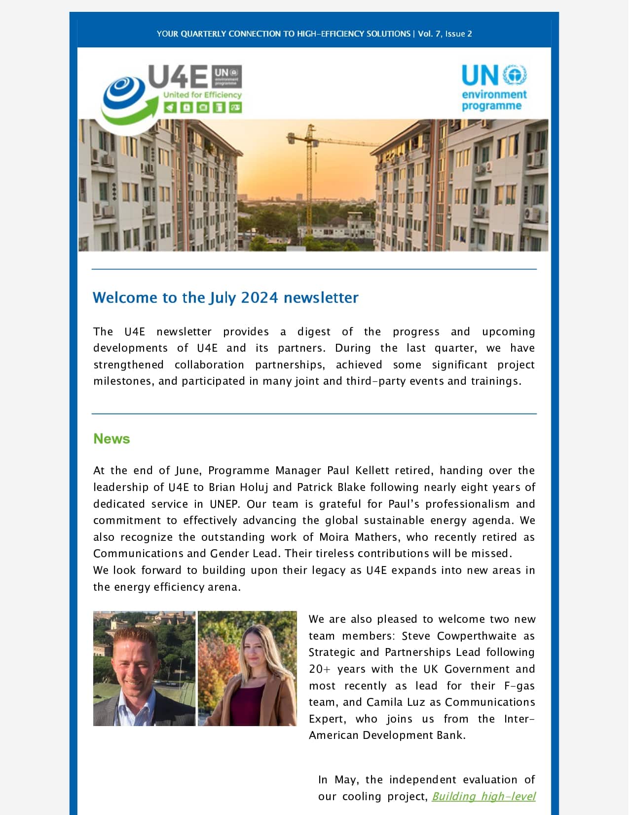 Front page of the July 2024 U4E newsletter with the UN Environment Programme logo, a welcome message, news section, and a photo featuring three people in professional attire receiving an award and shaking hands.