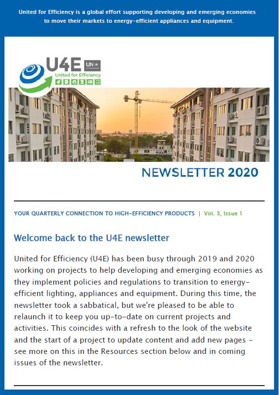Screenshot of a U4E Newsletter 2020. The header mentions energy efficiency in developing economies. The main section welcomes readers and summarizes U4Es recent work and website updates.