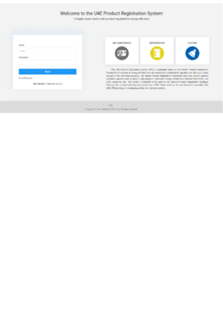 Screenshot of a login page for the UAE Product Registration System with fields for email and password, a login button, and brief instructions and information about the system displayed above and beside the form.