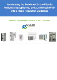 Webinar flyer with blue background featuring title about climate-friendly appliances, U4E and UNEP logos, date and time, and images of various refrigerators and air conditioners at the bottom.
