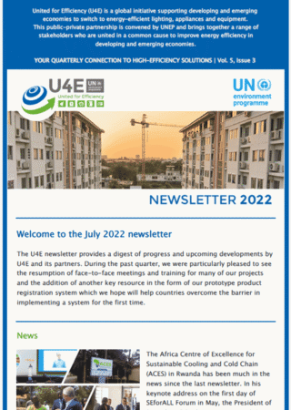 Screenshot of a 2022 newsletter from U4E and UNEP, featuring project updates on energy efficiency in developing countries, with a cityscape image, headlines, and a section highlighting energy solutions in Africa.