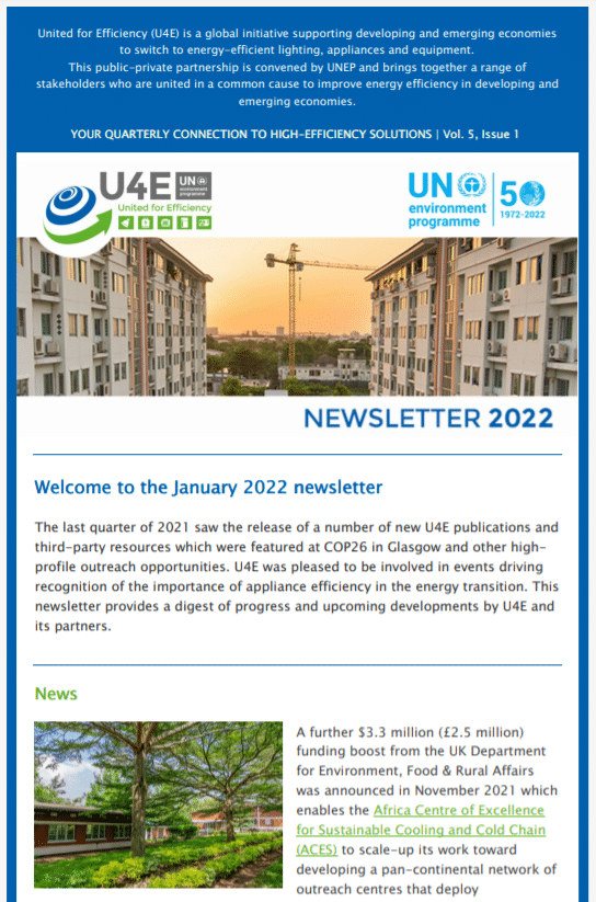 Screenshot of a U4E newsletter with images of buildings and a construction crane. Features headlines, UN and U4E logos, and text about high-efficiency solutions, energy efficiency, and the January 2022 newsletter.