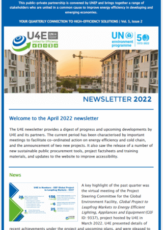 A newsletter featuring the U4E and UN Environment logos, a photo of a buildings exterior, and articles about energy efficiency and a Global Market Transformation Network project meeting. The layout is blue and white.
