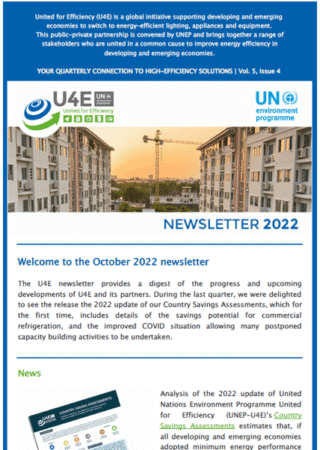 Screenshot of a U4E newsletter featuring updates on energy efficiency, a construction crane at sunset, and logos of the UN Environment Programme and United for Efficiency (U4E).