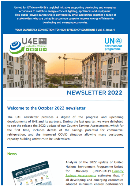 Screenshot of a U4E newsletter featuring updates on energy efficiency, a construction crane at sunset, and logos of the UN Environment Programme and United for Efficiency (U4E).
