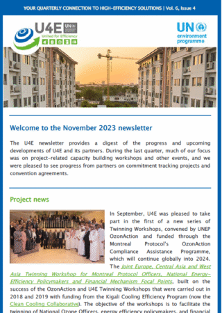Screenshot of a U4E and UN Environment Programme newsletter with November 2023 updates, project news, and an image of people seated at a panel discussion. The layout is blue and green themed.