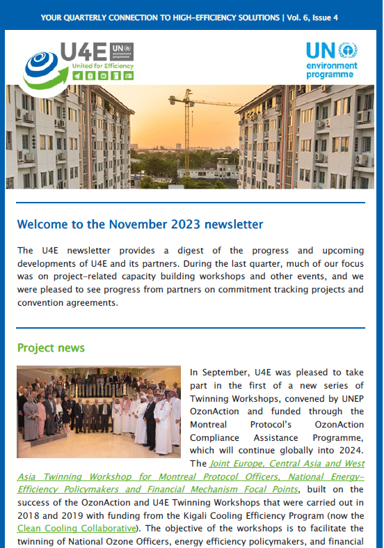 Screenshot of a U4E and UN Environment Programme newsletter with November 2023 updates, project news, and an image of people seated at a panel discussion. The layout is blue and green themed.