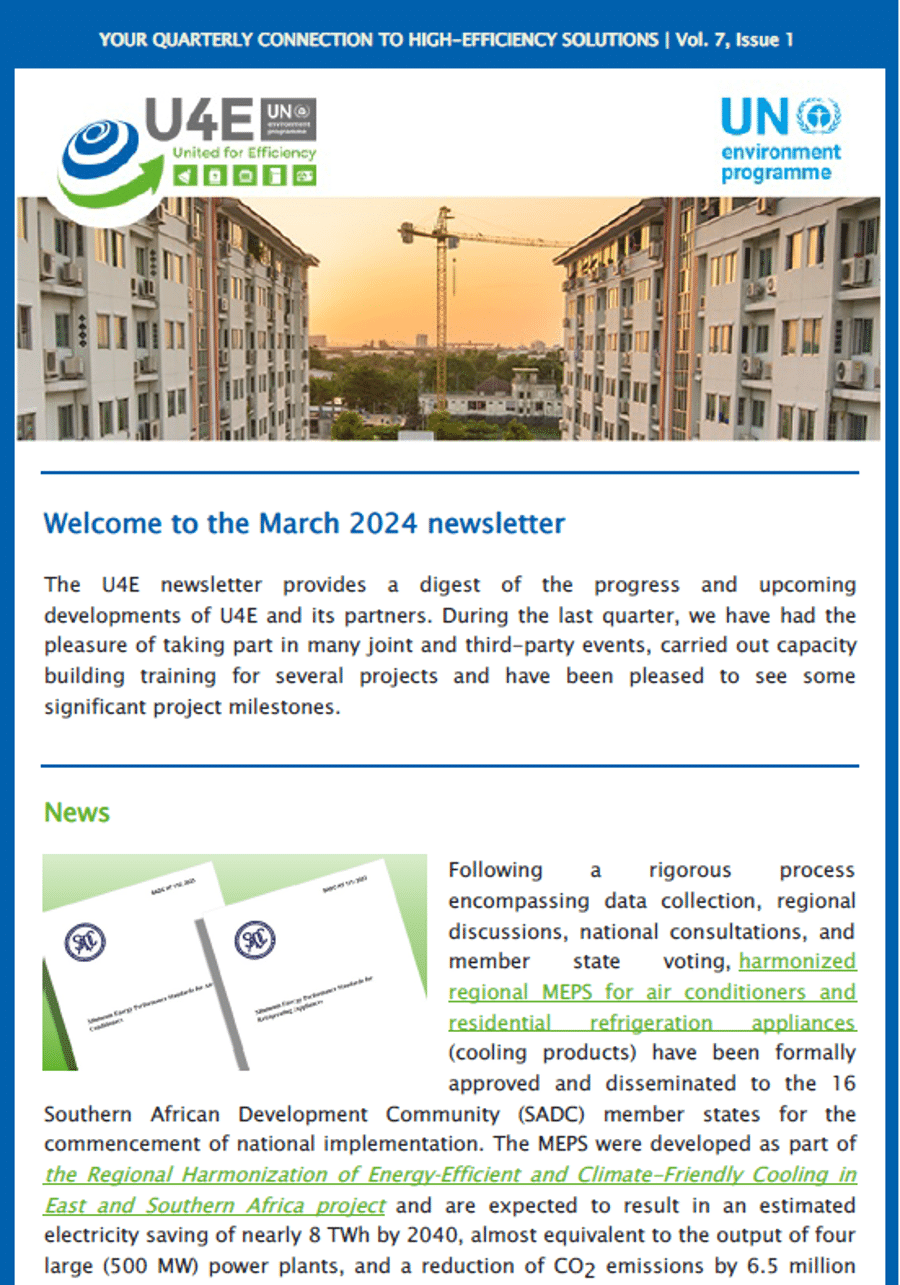 U4E March 2024 newsletter front page, featuring UN and U4E logos, headlines on energy-efficient appliances, and a section titled News with text about regional appliance standards.