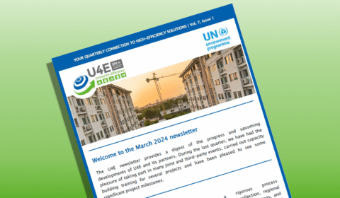 A newsletter page with a photo of apartment buildings and a crane, blue header, and UN Environment Programme and U4E logos, titled Welcome to the March 2024 newsletter..