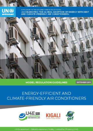 Rows of air conditioners on the side of a white building appear above a report cover titled Energy-Efficient and Climate-Friendly Air Conditioners, published by UN Environment with various organization logos.