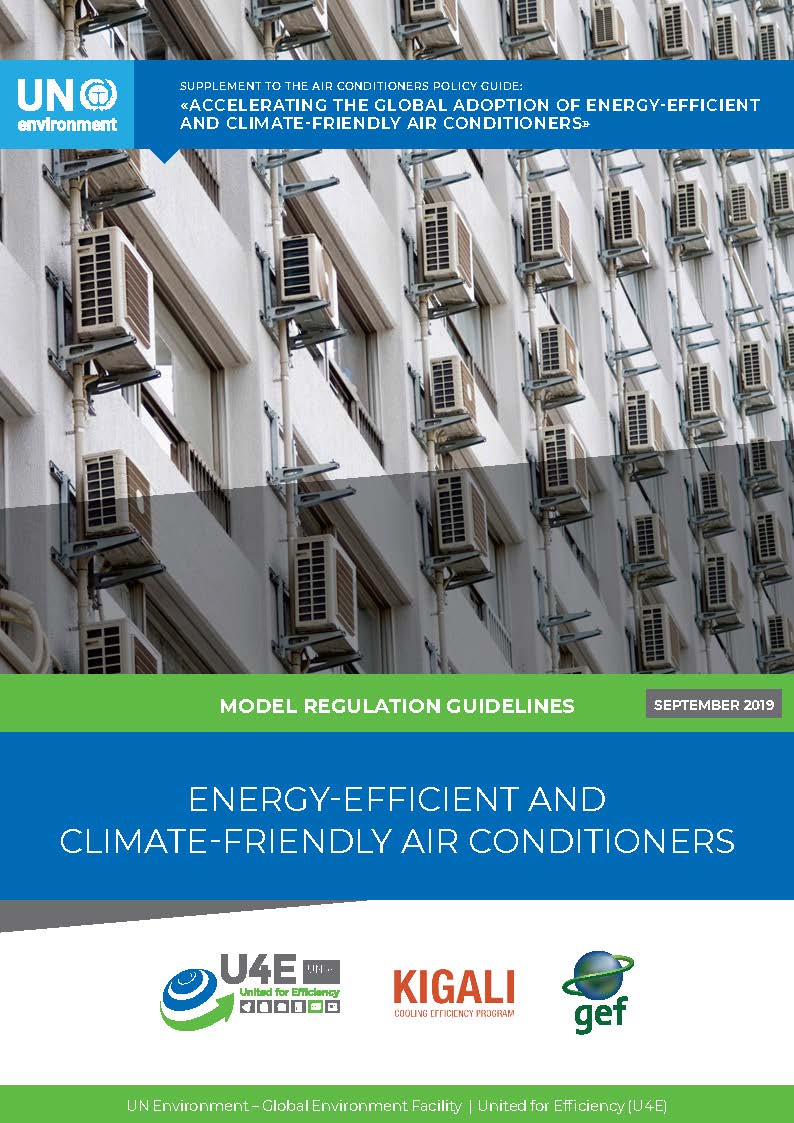 Rows of air conditioners on the side of a white building appear above a report cover titled Energy-Efficient and Climate-Friendly Air Conditioners, published by UN Environment with various organization logos.