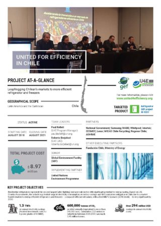 Project flyer for United for Efficiency in Chile, showing project details, partners, objectives, funding, and a photo of a panel discussion, focused on efficient refrigerators and freezers.
