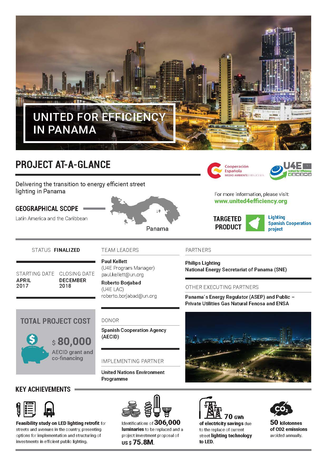 An infographic about Panamas energy-efficient street lighting project, showing a city skyline, project details, partners, key achievements, and icons for cost, savings, and emissions reductions.