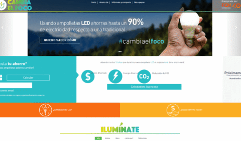 Screenshot of a webpage promoting LED light bulbs, featuring a hand holding a bulb, a savings calculator, and sections on energy savings and CO2 reduction. The design uses green, blue, and orange accents.