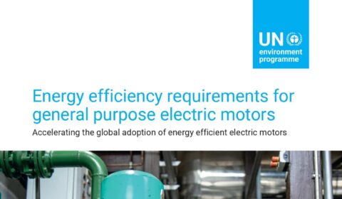 A worker in safety gear inspects a large electric motor in an industrial setting. The cover features the UN Environment Programme logo and text about energy efficiency requirements for electric motors.
