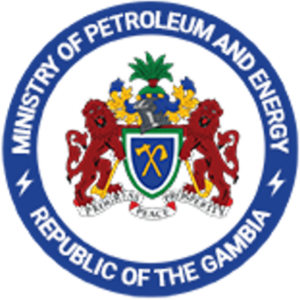 Circular logo of the Ministry of Petroleum and Energy, Republic of The Gambia, featuring two red lions, a shield with a pickaxe and shovel, and a palm tree, all surrounded by blue text on a white background.