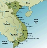 Map showing Vietnam in green, bordered by China, Laos, Cambodia, and the South China Sea. Major cities and geographic labels, including Hanoi and Ho Chi Minh City, are marked. Nearby countries and water bodies are labeled.
