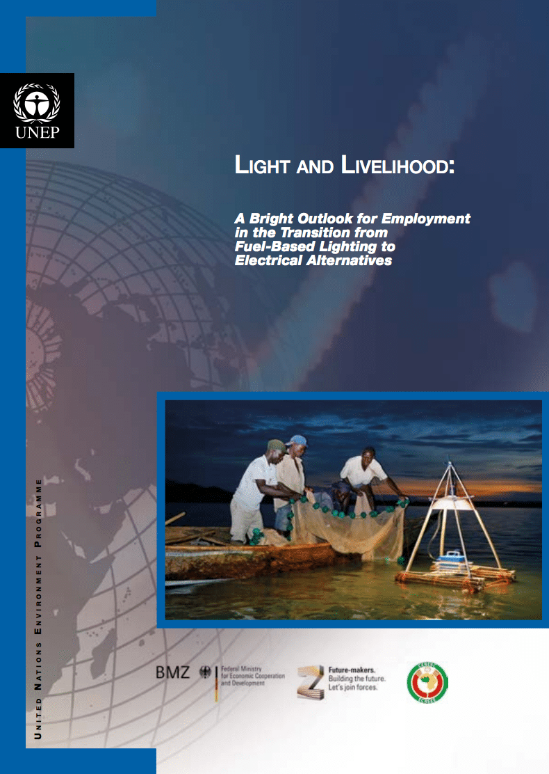 Cover of a UNEP report titled Light and Livelihood, featuring people on a boat at night working with lights, discussing employment in the shift from fuel-based to electric lighting. Logos and partner organizations appear at the bottom.