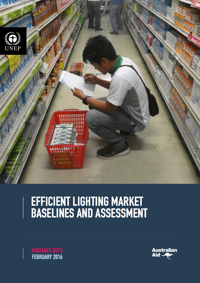 A man crouches in a supermarket aisle, checking a list and examining products in his shopping basket. Shelves are stocked with light bulbs. The cover reads Efficient Lighting Market Baselines and Assessment..
