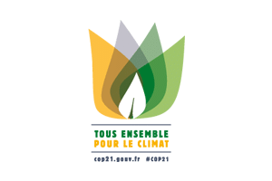 Logo with layered green, yellow, and gray shapes forming a leaf in the center. Below, French text reads Tous ensemble pour le climat, and website info for COP21 appears at the bottom.
