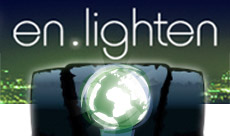 A glowing globe with the word en.lighten above it on a dark background, featuring faint city lights and two vertical structures behind the globe.
