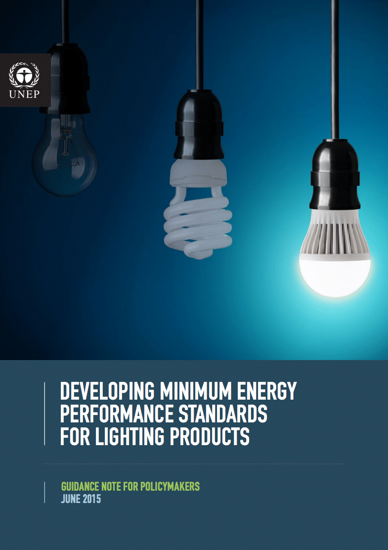 Three light bulbs—an incandescent, a compact fluorescent, and an LED—hang over a blue background. The LED is lit. Text below reads: Developing Minimum Energy Performance Standards for Lighting Products..