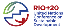 Logo for the Rio+20 United Nations Conference on Sustainable Development, featuring a stylized graphic with a leaf and human figure on steps, and the event name in blue and red text.