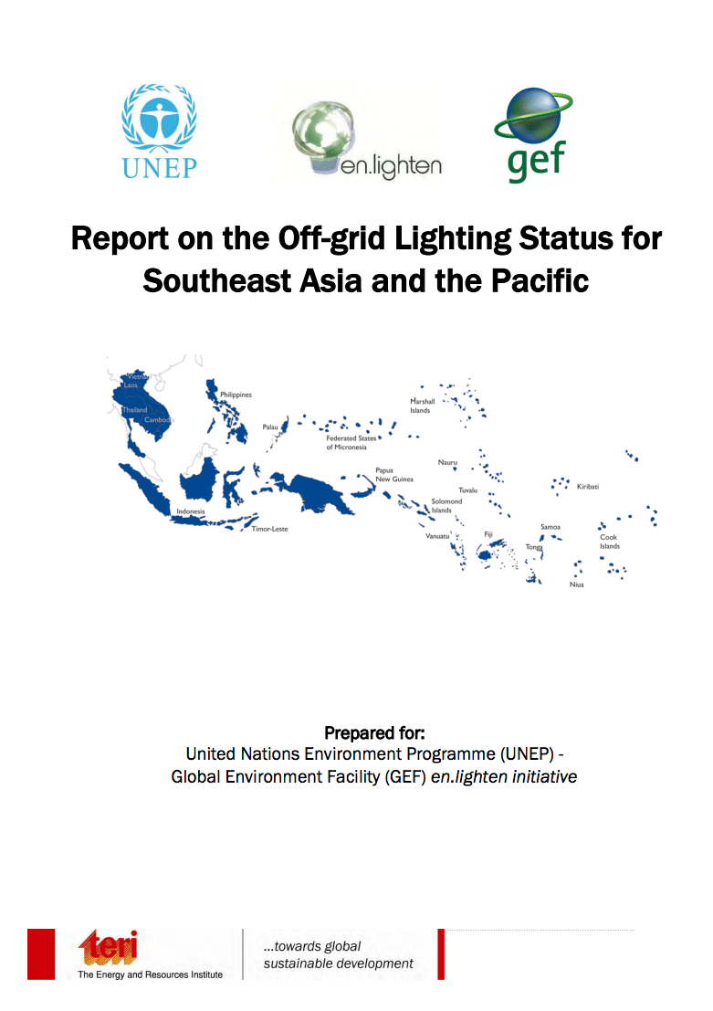 Report cover with UNEP, en.lighten, and GEF logos at the top, a title about off-grid lighting in Southeast Asia and the Pacific, a regional map, and TERI logo at the bottom.