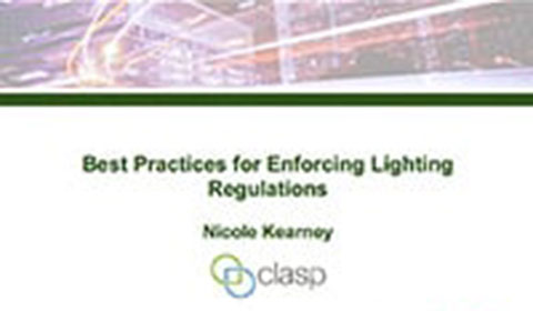 Presentation slide titled Best Practices for Enforcing Lighting Regulations by Nicole Kearney, with the clasp logo at the bottom and a colorful abstract graphic at the top.