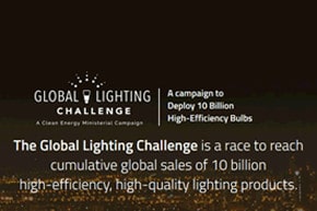 Global Lighting Challenge campaign ad promoting deployment of 10 billion high-efficiency bulbs to achieve global sales of efficient, high-quality lighting products. Text over a blurred city lights background.