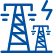 Blue icon of two electric transmission towers with a lightning bolt above the smaller tower, symbolizing electricity or power lines.